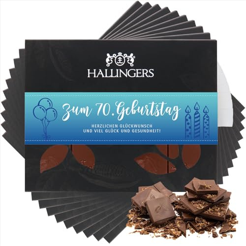 Hallingers Genuss Manufaktur Schokolade Geburtstagsgeschenk - Tafel Edelkakao handgeschöpft ohne Alkohol edler Karton 10x Zum 70. Geburtstag Pur, Geschenke für Frauen Männer