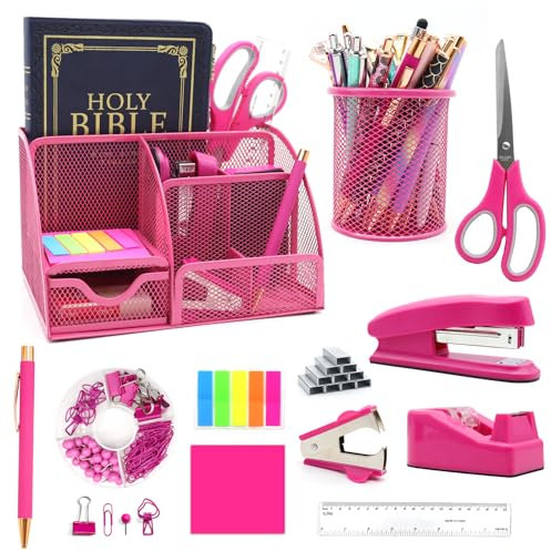 QpenguinBabies Schreibtisch-Organizer und Bürobedarf-Set, Schreibtisch-Accessoires, Geschenke für Kollegen und Frauen, Hefter, Stifthalter, Klebeband in Hot Pink