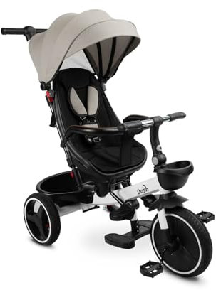 IKS2 Toyz Dash Dreirad - Kinderfahrrad - mit Verdeck, Sicherheitsgurt, Korb - Drehbarer Sitz, Vorwärts und Rückwärtsfahrt, Klappbar - Dreirad ab 1 Jahr mit Schubstange - Outdoor Spielzeug - Grau