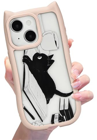 xoniery Compatible with iPhone 15 Cute Black Cat Case [ 3D Cat Shape ] [ Senior Shockproof Protective ] iPhone 15 Clear Case for Women Girls-Pink