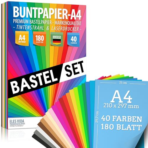 ELES VIDA - Buntes Papier A4 - MEGA Bastel-Set – 180 Blatt Buntpapier, 40 Farben & Premium Bastelpapier 80g/m² Origami Papier, Basteln, Farbiges DIY Zubehör & Bastelsets für Kinder - MADE IN GERMANY