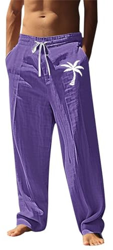 Pantaloni lunghi da uomo, estivi, da uomo, leggeri, larghi, comodi, elasticizzati, in lino, lunghi, eleganti, in cotone, per il tempo libero, moderni, pantaloni sportivi, Lilla, xxl