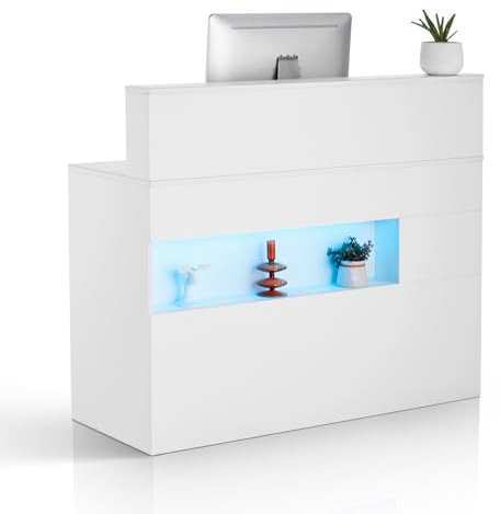 VEVOR Comptoir de Réception 120x47,5x100 cm, Banque d'accueil Rectangulaire, Meuble de Réception avec Lumière LED, 2 Tiroirs et Prises de Courant, pour Caisse, Hall, Salon de Beauté et Bureau, Blanc