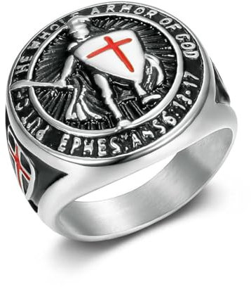fycouyee Hip Hop Herren Titan Stahl Ring Vintage Templer Rotes Kreuz Schild Ring