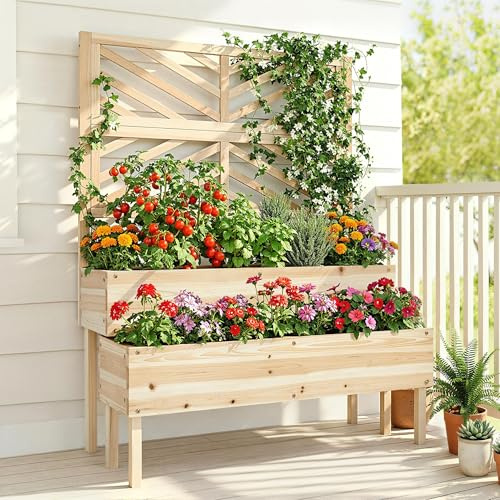 Yaheetech 2-Tier Solid Fir Wood Raised Garden Bed with Trellis for Climbing Plants, Self-Draining Planter with Drainage Holes for Garden, Porch, Balcony, Lawn, Patio Wood