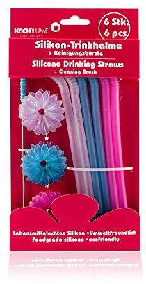 Kochblume Silikon-Trinkhalme 6-tlg. mit Reinigungsbürste | Premium-Silikon | Hitzebeständig | Spülmaschinenfest | Inklusive Reinigungsbürste | Farbe: colormix