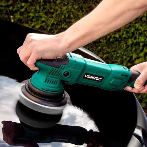 VONROC Exzentrische Poliermaschine Set/Dual Action/Poliermaschinen-Set – Konstant-Elektronik – Soft Start – 150 mm – 1050 W – einschließlich 4 Polierscheiben, Stützscheibe und Tasche