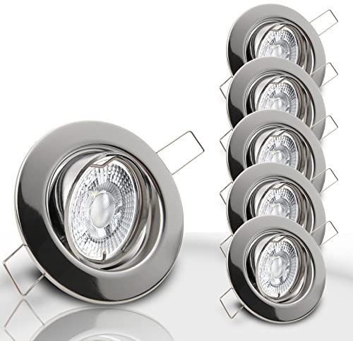 trendlights24 Decora Decken Einbaustrahler flach 35 mm 230V 5er Set - LED Spots je 5W Neutralweiß 400lm austauschbar Chrom glänzend schwenkbar 68 mm