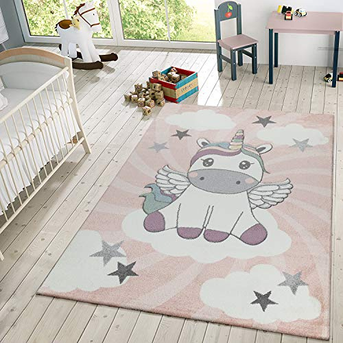 TT Home Tappeto per bambini Bambine Tappeto da gioco Grazioso Unicorno Nuvole In Rosa Bianco Lilla, Dimensione:160x230 cm