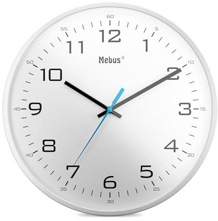Mebus moderne Quarz-Wanduhr klassisches Design kräftige, große Ziffern 30cm Durchmesser / Farbe: Weiß / Modell: 16248
