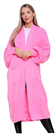 Candid Styles Ladies Long Maxi Knitted Cardigan Balloon Sleeve 2 Pocket Womens Open Front Boyfriend Cardigans Top (Fuchsia, 8-14)
