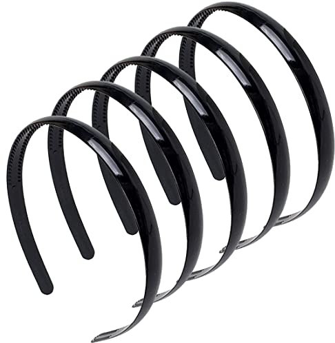 Androxeda 5 Pièces Bandeau Peigne De Dents Bandeaux Unis En Plastique Serre-Tête Cheveux Avec Dent Unisexe Pour Femmes Filles 10mm Noir