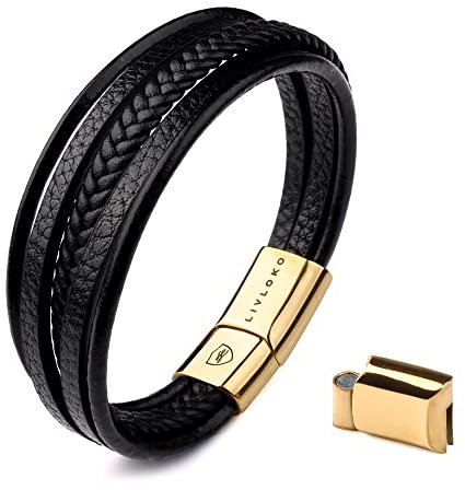 LIVLOKO Mens Bracelet Leather Black Multi-Layer Bracelet for Men Magnetic Clasp Rope Wristband Mens Gift for Boyfriend (Medium to Large 20-22cm, G. Leather Black Gold 5 Layer)