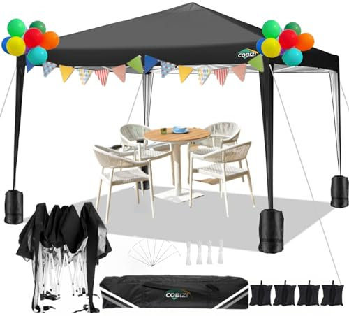 COBIZI Pavillon 3x3m Wasserdicht Pop Up Pavillon 3x3 faltbar Faltpavillon Gartenpavillon Partyzelt Faltzelt 3x3 höhenverstellbar Bierzelt mit 4 Sandsack(Schwarz