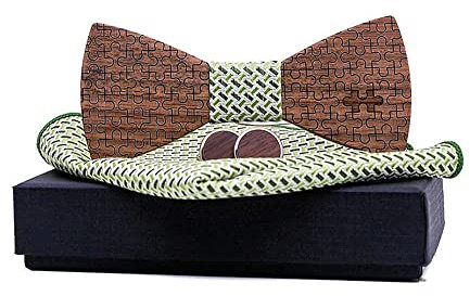 GIVBRO Holzfliege, Einstecktuch, Manschettenknöpfe mit Box, für Herren, Hochzeit, Party, Verkleidung, Grün