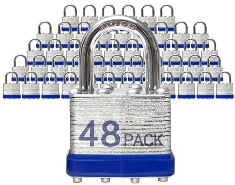 XanHen Locks Laminated Steel Keyed Padlocks Keyed Alike Locks Bulk, Normal Shackle Padlocks, Pack of 48 for Hasp Latch, Sheds, Fences, Storage Locker, School, Gym