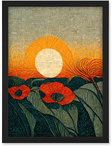 Doppelganger33 LTD Abstract Sunrise Over Poppy Meadow William Morris Style Artwork Framed Wall Art Print A4