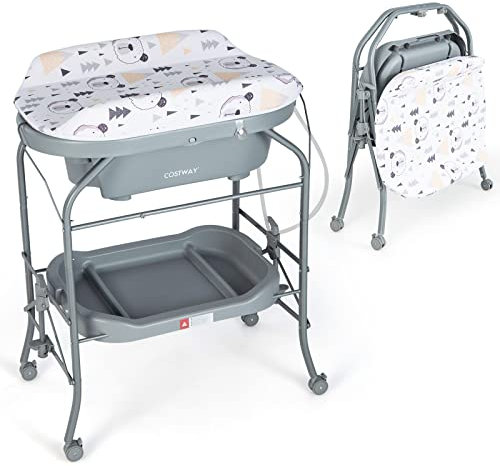 COSTWAY Bañera Bebe con Cambiador 4 en 1, Bandeja de Baño y 4 Ruedas Bloqueables, Cambiador Bebe Portátil y Plegable con Cesta de Almacenaje, Cojín Impermeable, Carga 35kg(Gris)