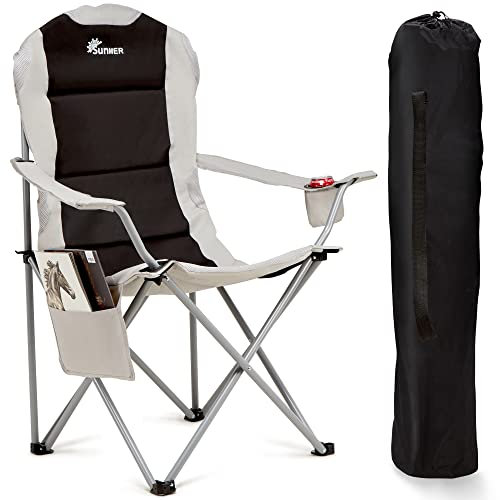 SUNMER Padded Camping Chair - Deluxe, Folding, with Cup Holder and Side Pockets, Holds up to 120kg - Lightweight 3.3kg per Chair - Black & Grey