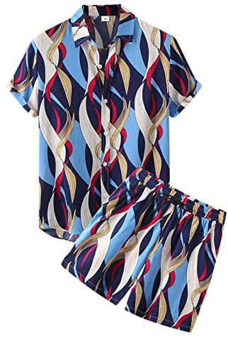 QWUVEDS Herren Sommer Hawaii Bedruckter Anzug Zweiteiler Kurzarm Umlegekragen Hemdtasche Shorts Anzug Anzugkoffer