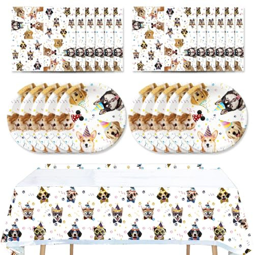41pcs Dog Party Supplies ,include 20 Plates, 20 Napkin and 1pcs Tablecloth,Used for Pet Dog Birthday Party Decoration