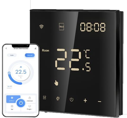 Irishom Thermostat Connecté WiFi Chauffage électrique Thermostats d'Ambiance Programmable Régulateur de Température Mural avec LCD Numérique Compatible Tuya 3A,Noir
