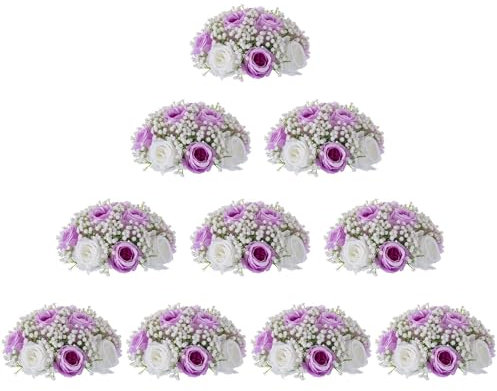 BLOSMON Kunstblumen Rosen Schleierkraut Blumenstrauß: 10 Stück Lila Künstliche Rose Gypsophila Seiden Blumen Blumenkugel für Hochzeitsdeko Tischdeko Party Tafelaufsätze Dekoration Zuhause Zimmer Deko