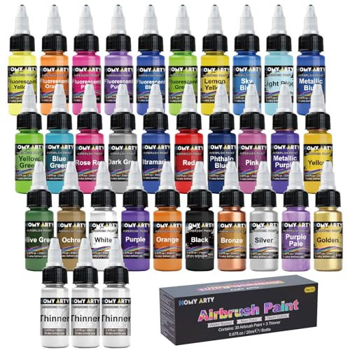 Airbrush-Farbe, 30 Farben mit 3 Verdünner, spritzfertiges Airbrushfarben-Set, Acryl-Airbrushfarben auf Wasserbasis für Metall, Kunststoffmodelle, Leinwand, Holz, 20 ml / Flasche