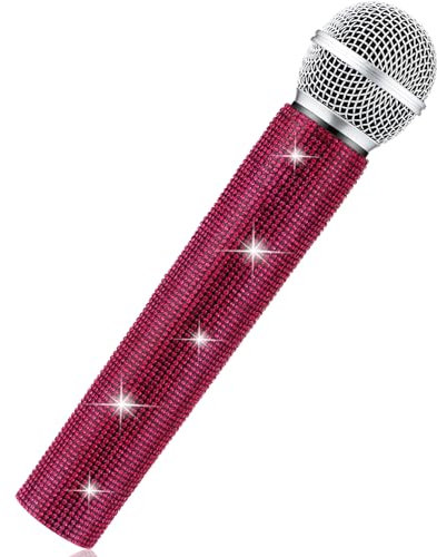 Sanwuta Fake Microphone Prop Halloween Microphone Sparkly Bling Rhinestones Plastic Play Microphone Pretend Glitter Bedazzled Microphones for Halloween Cosplay Party Supplies(Dark Pink)