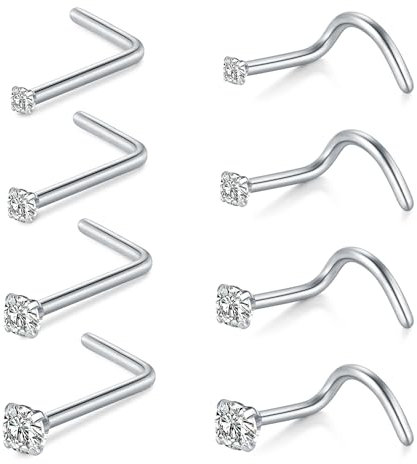 WillTen 18G Percing au Nez Set, Piercing Vis Acier Chirurgical de 7mm Avec Zircone Cubique, 8PCS Ensemble de Bijoux Nasal Pour Femmes