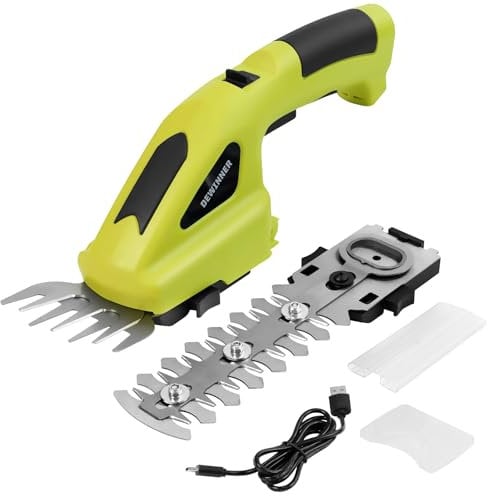 DEWINNER Tijera Cortacésped con Batería de Litio 7,2 V, Cortasetos y Desbrozadora 2 en 1, con 2 Tipos de Cuchillas Ancho de Corte 140 mm, 100mm para Podar Césped, Arbustos y Setos