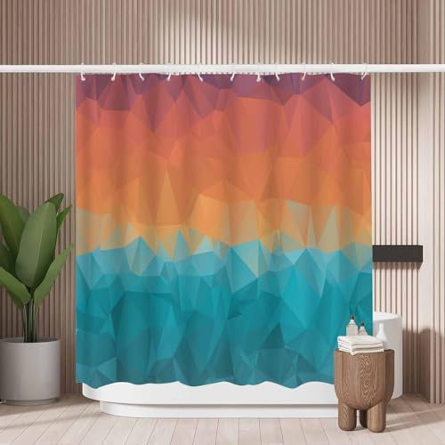 Woutay Shower Curtain Water Repellant Fabric Blue Orange Geometric Pattern,Mould Proof Resistant,Polyester,with 12 Plastic Hooks
