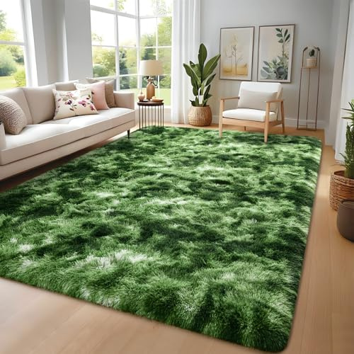 Larhom Nuttumico Flauschiger, moderner Teppich für Wohnzimmer, Schlafzimmer, 1,2 x 1,8 m, Plüsch-Hochflor, dunkelgrün, Teppich für Kinderzimmer, Heimdekoration, rutschfest, für Mädchenzimmer, weicher