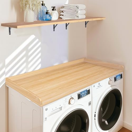 Display Riser Washer Dryer Countertop, Laundry Room Countertop with Storage Shelf, Wood Washer and Dryer Countertop, Burlywood