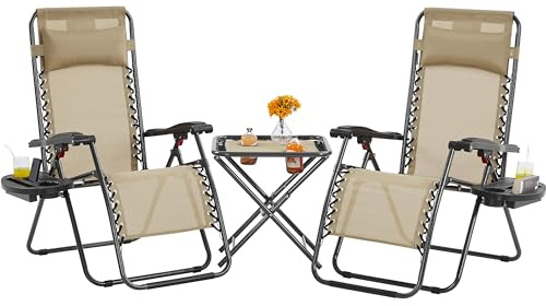 Yaheetech Sun Lounger Set of 3 Reclining Loungers and Table, Beige | 3pcs Texteline Outdoor Set | Convenient Carry Strap & Soft Pillow | For Poolside Backyard and Beach
