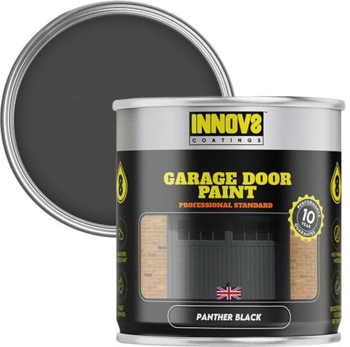INNOV8 COATINGS GARAGE DOOR PAINT - 750 ml - DIY - NO PRIMER OR TOP COAT - SATIN - FAST DRY - EXTERIOR DOOR PAINT - Metal & uPVC - Panther BLACK - Garage and Industrial Roller Shutters Paint