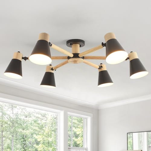 Schindora Deckenlampe Schwarz 6-Lichter,Holz Und Eisen Deckenleuchte Esstisch Ø82Cm E27 KüChe Lampe Verstellbare Licht Arme Modern Lampe Wohnzimmer For Home Schlafzimmer Esszimmer