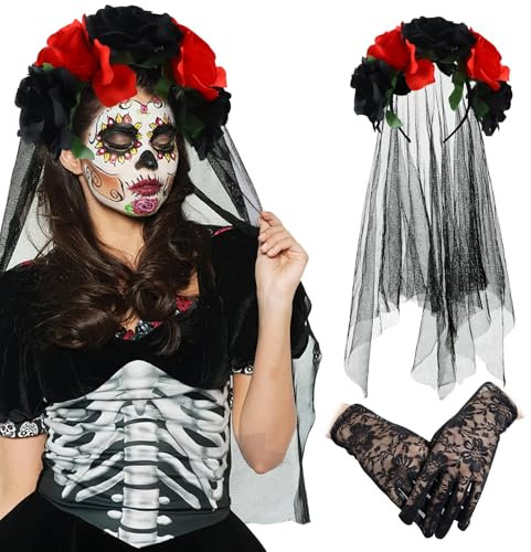 XIMEY Bandeau Jour des Morts, Serre Tete Halloween, Serre Tete Fete des Morts, Serre Tete Fleur dia de Los Muertos, Bandeau de Halloween, Serré Tête Halloween Femme pour Carnaval (Noir Rouge)