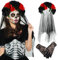 XIMEY Bandeau Jour des Morts, Serre Tete Halloween, Serre Tete Fete des Morts, Serre Tete Fleur dia de Los Muertos, Bandeau de Halloween, Serré Tête Halloween Femme pour Carnaval (Noir Rouge)