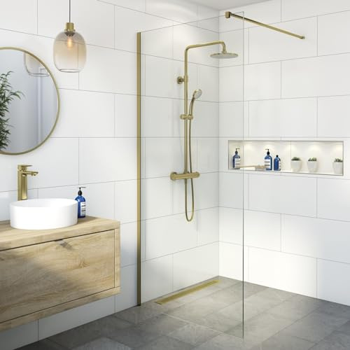 BAYSTONE® 1100mm Wet Room Shower Screen Panel 8mm Toughened Safety Easy Clean Glass Walk in Shower Enclosure, Frameless, Brushed Brass