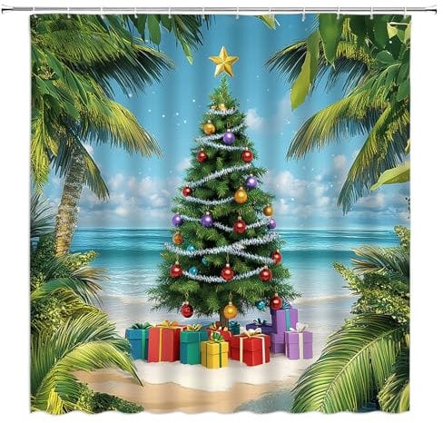 MSAYNFG Merry Christmas Duschvorhang, Tannenbaumkugeln, Strand, Palmenblätter, Ozean, Happy New Year, Stoff-Badezimmer-Dekor-Set mit Haken (178 cm B x 178 cm H)