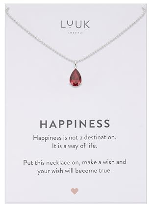 LUUK LIFESTYLE Zirkonia Kristall Halskette, Schwarz|Lila|Rosa|Grün|Rot Edelstein, Kunststein, Geburtstein, Edelstahl Kette, 50cm verstellbar, wasserfest, Geschenk für Sie, mit HAPPINESS Spruchkarte