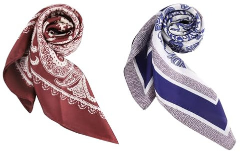 DAMILY 2 Stück Bandana Herren Kopftuch, Seidig Vintage Bandana Damen und Herren Set, Farbig Kopf Square Schal Satin Kopftuch 70 x 70cm (Red/Blue)