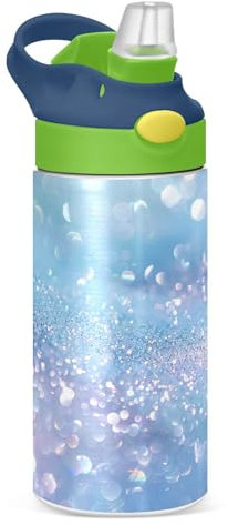 Sevdomey Blue Glitter Kids Water Bottle with Straw for Girls Boys, Stainless Steel Insulated Leakproof Water 350ml for School Nursery Travel Sports