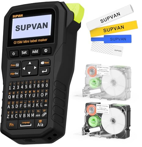 SUPVAN G15M Mini Industrielle Etikettendrucker mit 2 Etiketten, Wiederaufladbares Etikettiergerät mit QWERTZ Für 6-15 mm Thermoetiketten & Schrumpfschläuche, Label Printer für Fabrik, Außenbereich