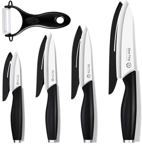 Qianying Set 5 Cuchillo Ceramica de Cocina: Juego Cuchillos Cocina Utiles Verduras Carne Negro