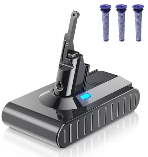 V8 Akku für Dyson, Powtree Ersatzakku für Dyson SV10 Kompatibel für V8 Absolute Animal Fluffy Motörhead Exclusive Handstaubsauger (3 Filter + 1 Akku Schutzkappe)