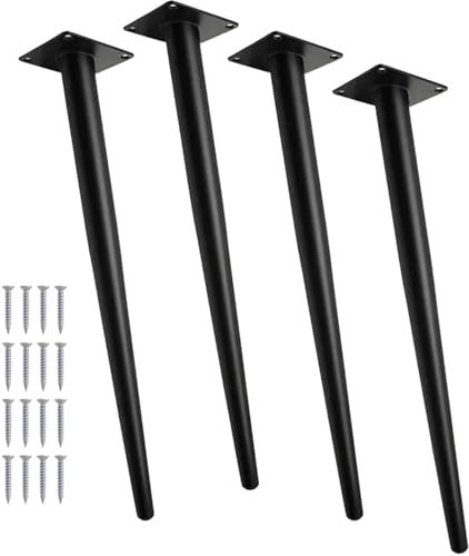TINMAGI Pieds de Table en Métal Noir, 4 Pièces Pieds de Meuble Coniques en Acier 72cm, Pieds Inclinés avec Base Antidérapants, Pieds d'armoire de Remplacement pour Tables Basse Armoires