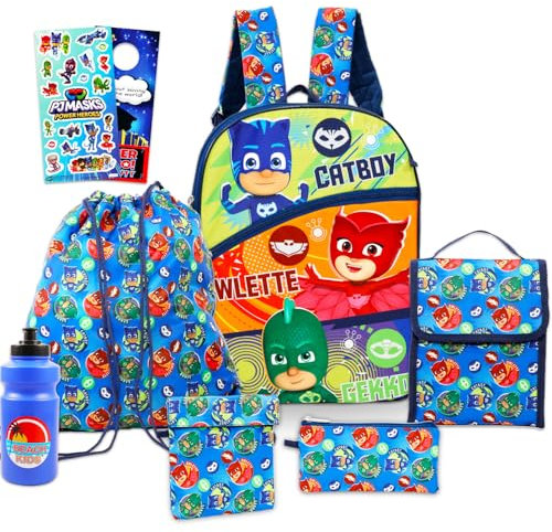 Disney PJ Masks Schulrucksack mit Lunchbox für Kinder, 5-teiliges Set mit 40,6 cm Rucksack, Cinch-Tasche, Lunchtasche, Stifthalter, Aufklebern, mehr | PJ Masks Schulranzen-Set