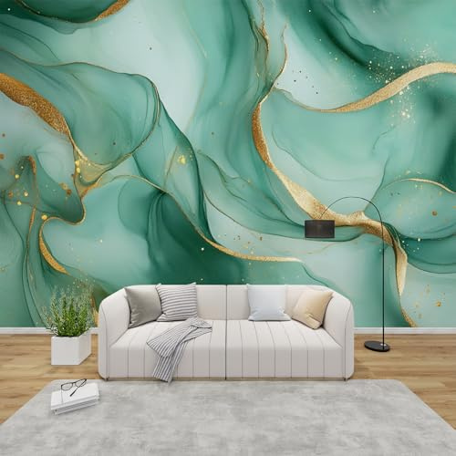 QEODAH Fototapete Marmor Schlafzimmer, 3D Tapete Marmoroptik, Vliestapete Grün Gold, Tapeten Wohnzimmer Muster, Modern Abstrakt Wand Deko Kinderzimmer, Wandtapete, Mustertapete 300x210 cm